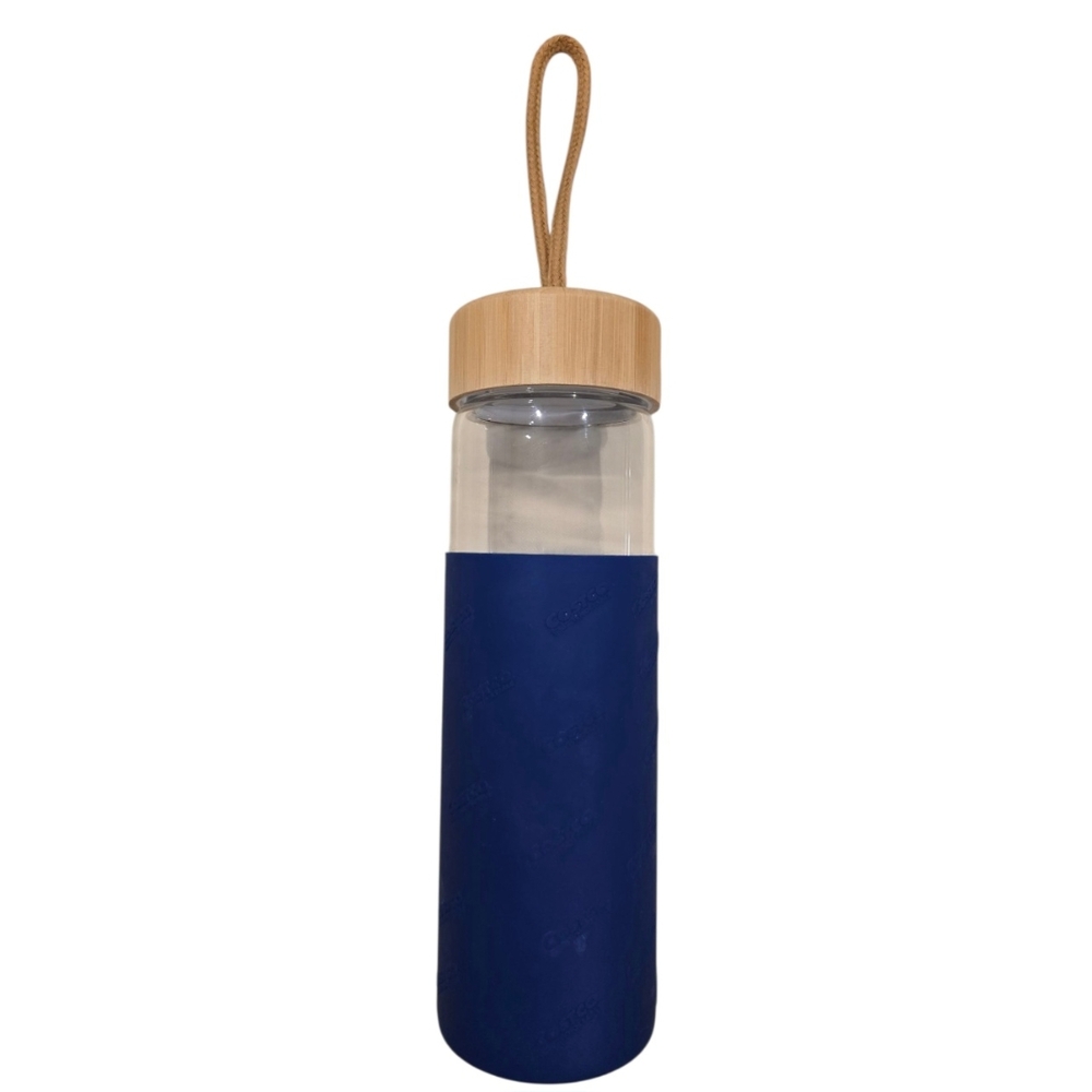 Limited Edition Glass Costco Blue Glass Water Bottle with Bamboo Lid